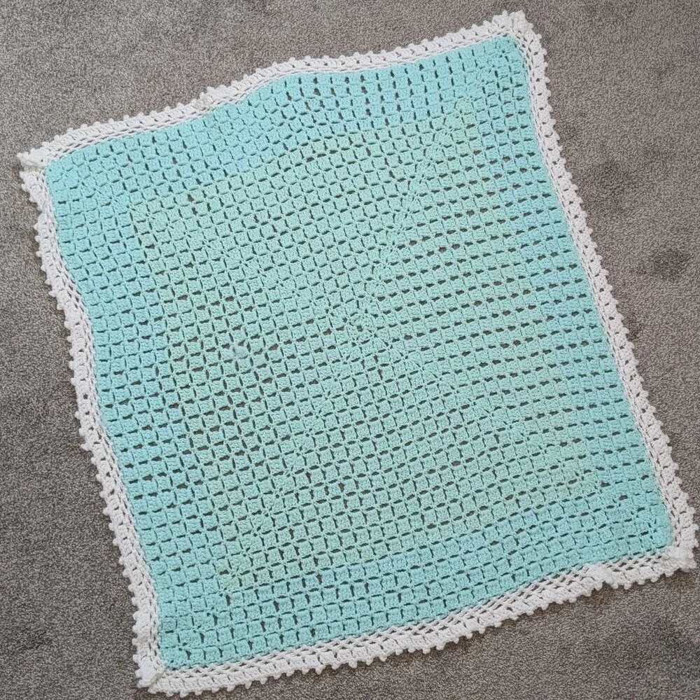 Crocheted Handmade Teal & White Baby Afghan; 36